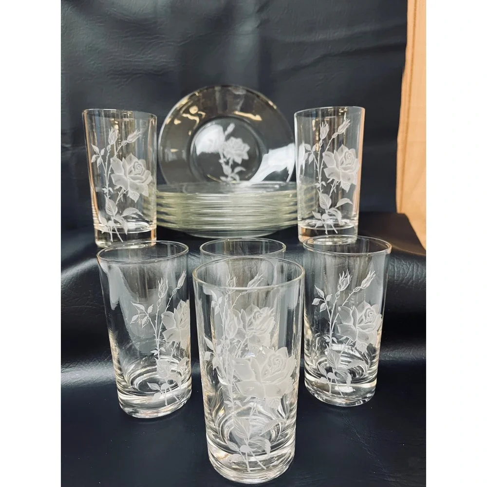 Vtg Federal Glass 60s Etched Rose Clear Glass Tumblers Luncheon Plates MCM Set 6